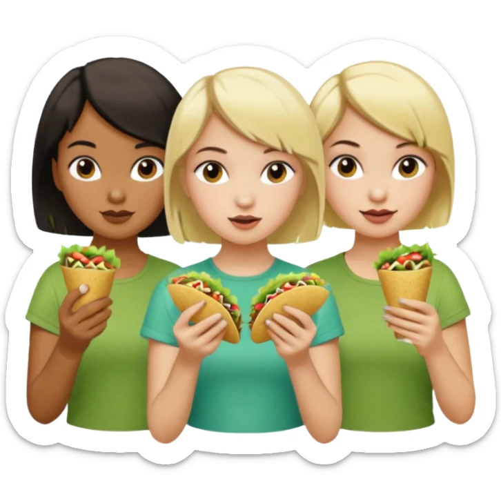3 girls eating tacos. One white girl with a short dark bob haircut, one dark olive skin with a pony tail, one white with long blonde hair sticker