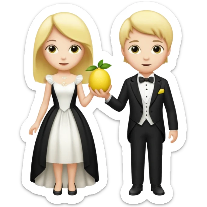 2 lemons a girl and a boy lemon the girl lemon with a white dress similar to a wedding dress but not that fancy and the boy lemon wearing a tuxedo but instead of a bowtie make it a regular tie with black and white colors also they have to be facing each other  sticker