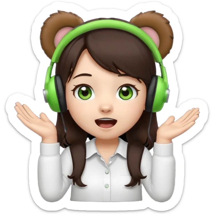Animated emoji, Chibi girl, dark brown hair, green eyes, wearing a white shirt and small brown bear ears on a black headset, with wide happy surprised eyes and mouth and clapping excitedly sticker