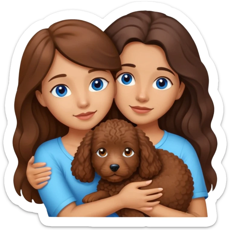 A girl with blue eyes and long hair hugging her little Brown Spanish water dog  sticker