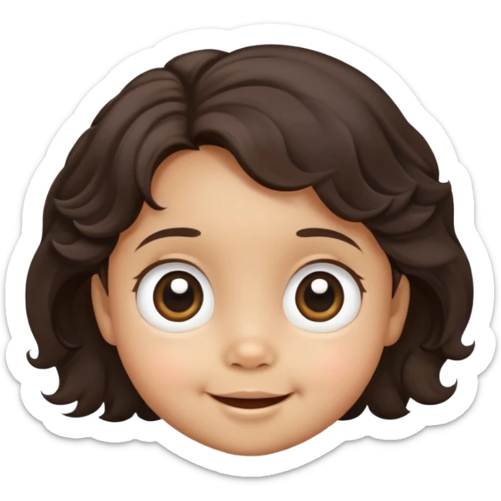 close-up of round smiling toddler face only with big eyes, medium skin tone, dark wavy hair, no neck visible, just the face sticker