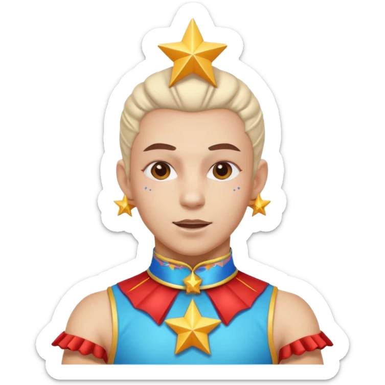circus acrobat portrait, head and shoulders only, sporty costume collar, energetic expression, star accessories, 3D cartoon, mobile game icon style, clean background, no text, no watermark
 sticker
