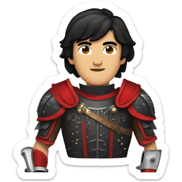 Vintage Tanned man with black hair pointed chin and stern face wearing red and black armour holding sword vintage intricate patterns sticker