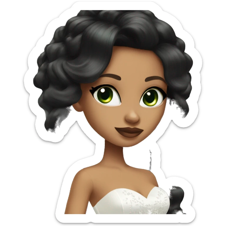 Bratz, bride, black wavy long hair, olive skin, green almond cat eyes sticker