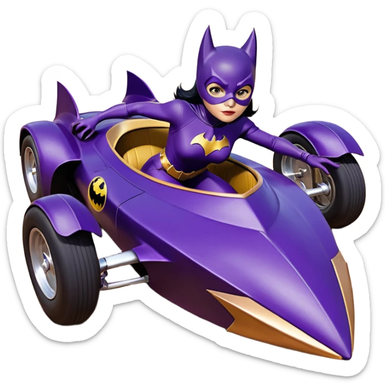 Hot full size real-appearance racing action (Darkness in her soul) BatGirl’s midnight-purple tight outfit sixty’s tv show 1992 stealth retro cat burglar sporty petite off-road pursuit mobile cruiser car rose gold accents (black hair,reclined and relaxed seating position and attitude) sticker