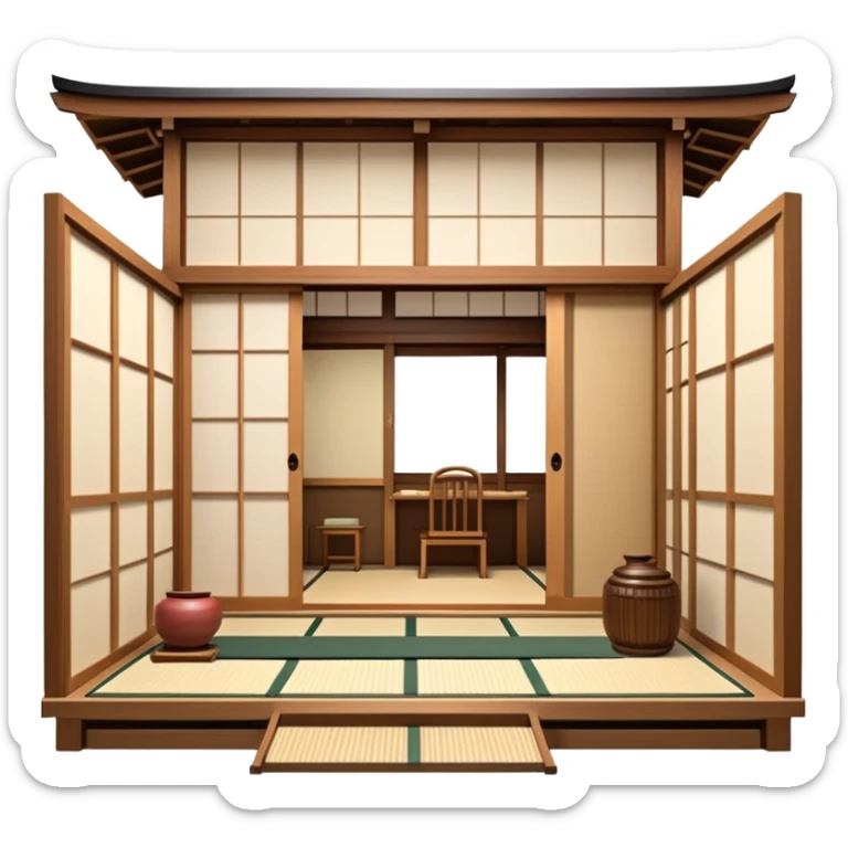 Traditional Japanese house with wooden structure, sliding shoji doors, tatami mats sticker