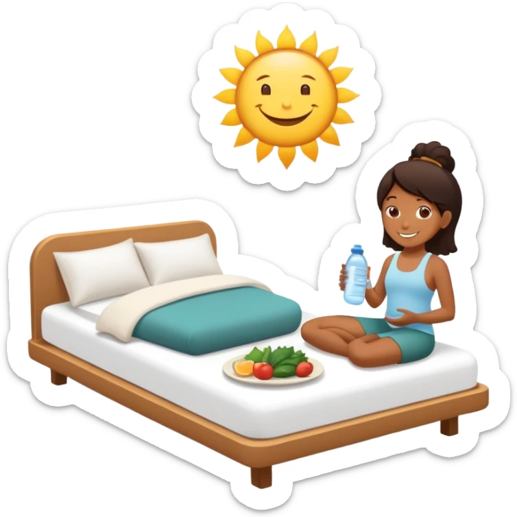 A person in the sun, with a plate of whole foods, water bottle, and glowing bed behind them. Nearby, smiling friends gather—symbolizing balance, healing, and connection through simple daily rituals. sticker
