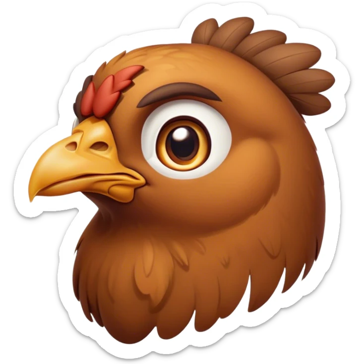 Cinematic Noble Brown Chicken Portrait Emoji, Poised and regal, with a compact, sturdy build and a warm, well-groomed brown plumage, deep-set soulful beady eyes, Simplified yet sharp and sophisticated features, highly detailed, glowing with a soft, dignified glow, high shine, intelligent and earthy, stylized with an air of rustic elegance, focused and attentive, soft glowing outline, capturing the essence of a watchful and confident fowl, so majestic it feels as though it could strut out of the screen with effortless authority! sticker