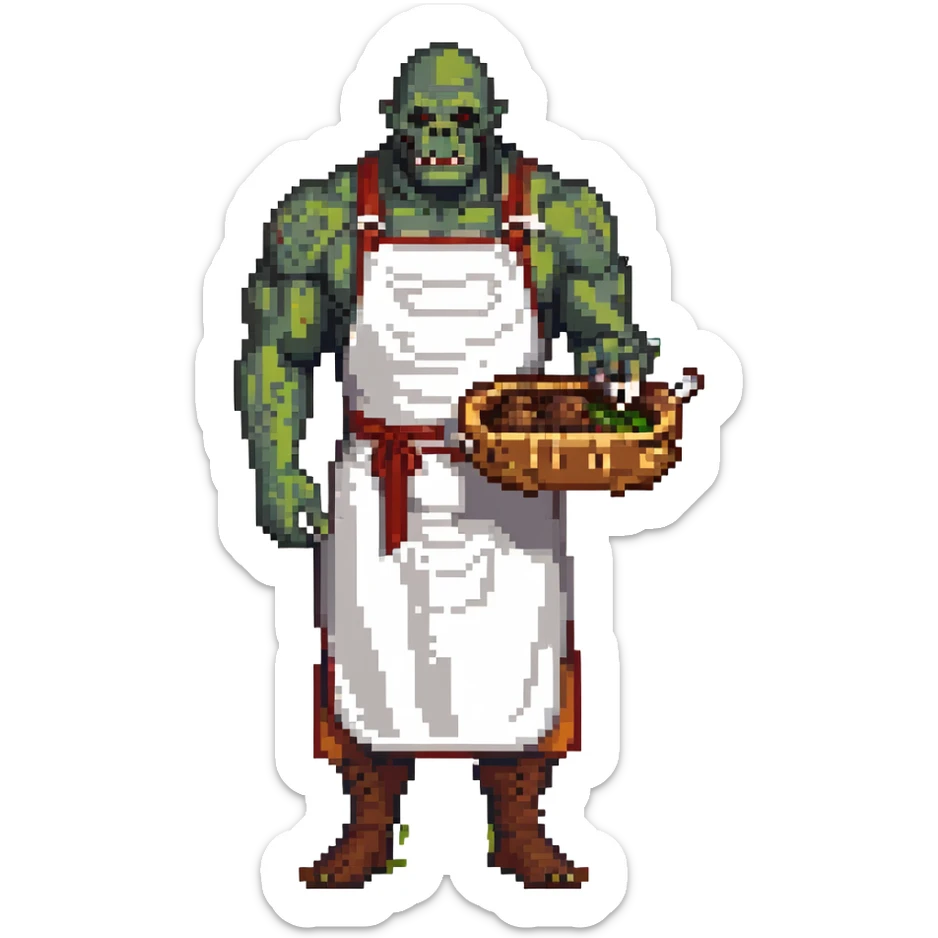 orc male Apron with "Kiss the Cook" (scratched out, replaced with "Fear the Cook"), giant rib bone as a weapon. sticker