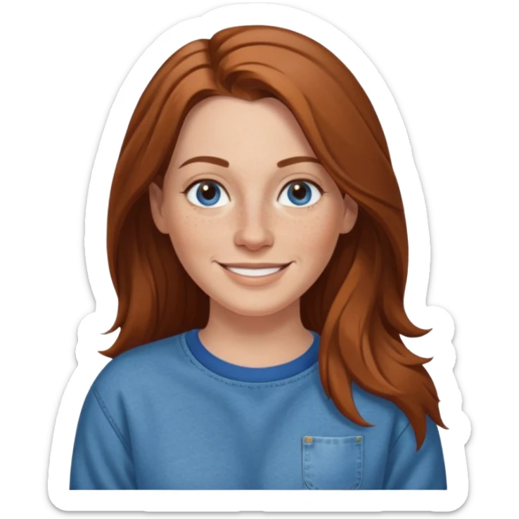 A 38 year old white woman with long brown hair parted in the middle. She has a nose ring. She has freckles and is wearing a sweatshirt and jeans smiling sticker