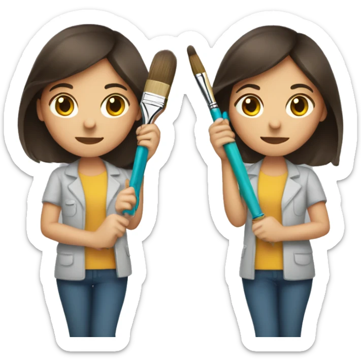 brunette woman holding a pen in one hand and a paint brush in the other sticker