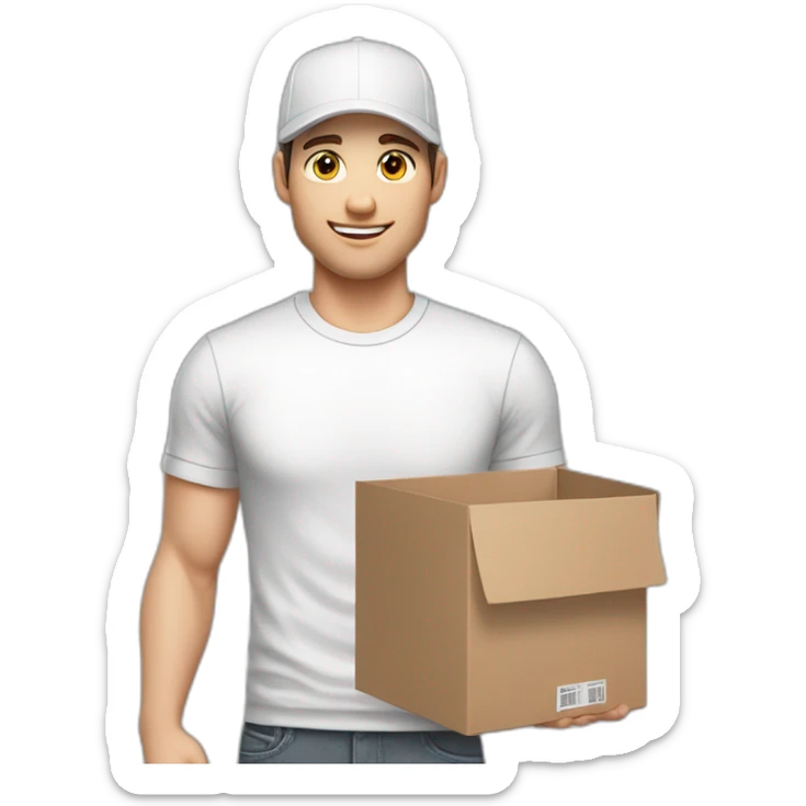 Pale skinned fit Man with dark brown hair in a white cap, gray jeans and gray polo T-shirt keeping a pasted box into his hands sticker
