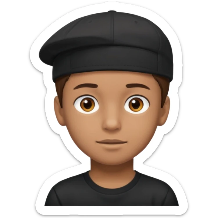 Băiat cu ochii căprui, păr brunet, piele cafeniu deschis, haine șapcă și tricou negru  sticker