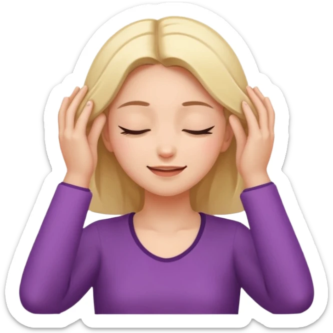 The girl with her eyes closed holds her temples with both hands and smiles slightly sticker