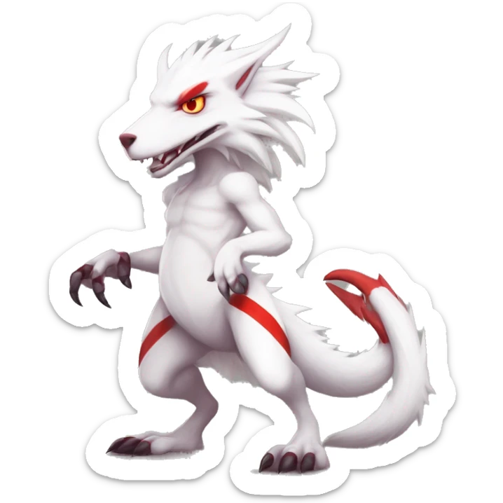 White edgy cute badass epic anthro modern albino sergal-vernid-Fakémon with red mane and red eyes with red edgy stripes, full body sticker