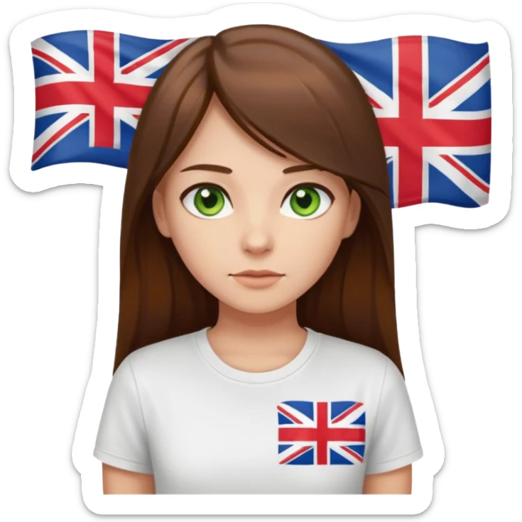 Una chica con pelo liso, largo y marrón. Ojos verdes, camiseta blanca con una bandera de Reino Unido. sticker