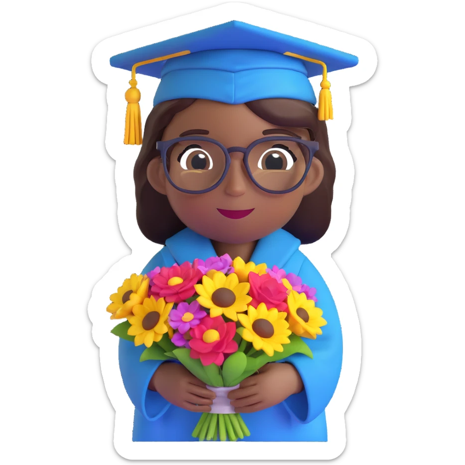 African American graduate emoji, with glasses, holding a bouquet, in cap and gown sticker