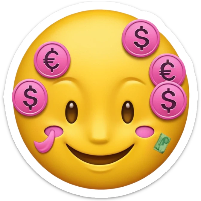 smiling yellow round emoji with pink money signs as eyes, winking sticker