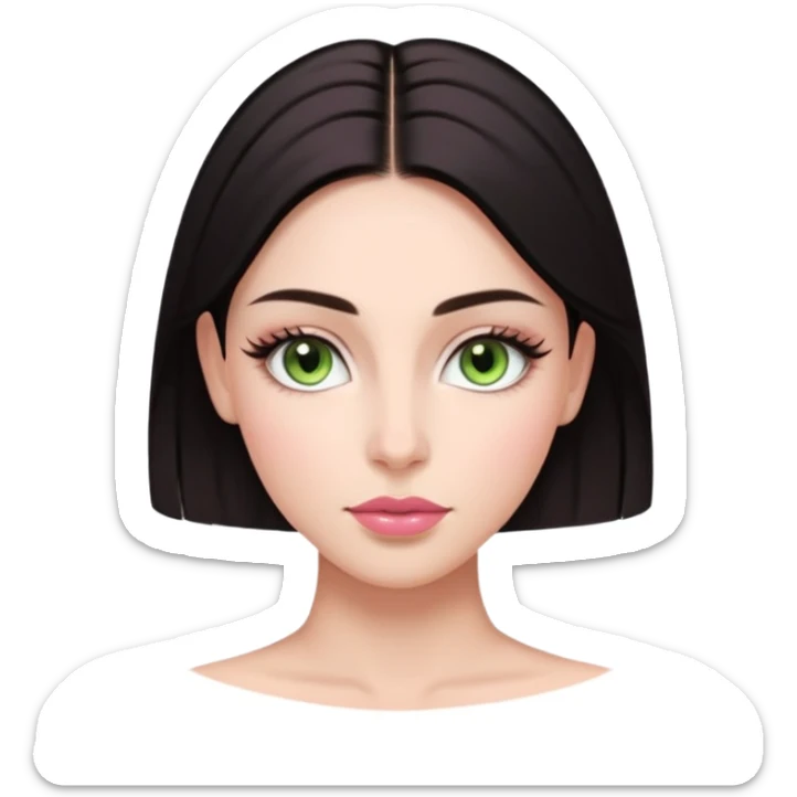 Front-facing portrait of a young woman with fair glowing skin, symmetrical features, light green almond-shaped eyes, long lashes, soft arched brows, straight refined nose, and full natural pink lips. Dark sleek hair pulled back with a middle part.  sticker