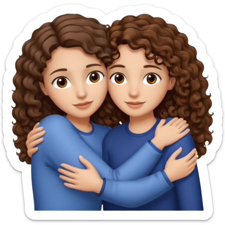 Una morena con pelo castaño y rizado y ojos marones y otra blanquita con pelo liso con las puntas onduladas y pelo castaño y ojos marrones Amigas lindas abrazándose  sticker