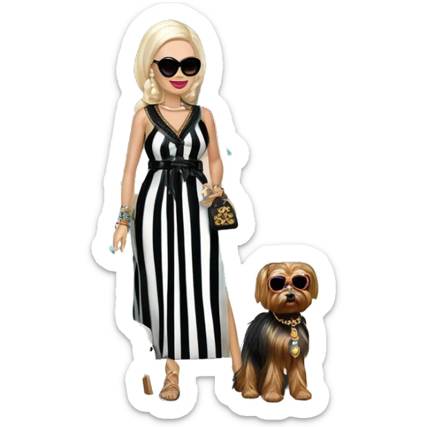 Palm Beach Breeze Barbie Wednesday Addams ,by the pool, white skin, full body visible, wavy hair,handbag, earrings,vertical-striped caftan,small 2 piece, sunglasses,heels,holding yorkie Miss Thang sticker