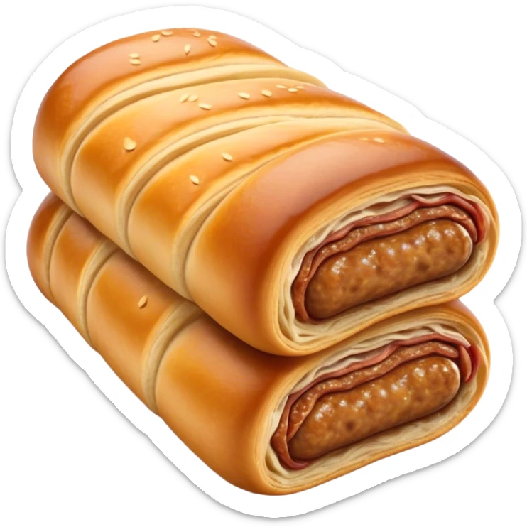 Cinematic Realistic Sausage Roll Dish Emoji, depicted with a crisp, golden pastry wrapped around flavorful sausage, rendered with detailed textures and appetizing lighting. sticker