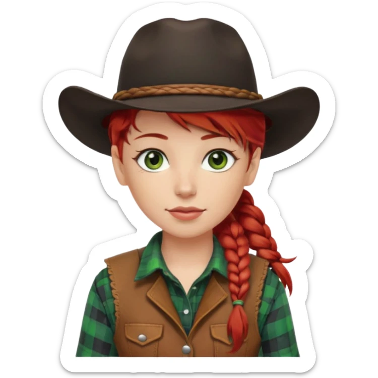 cowgirl with red hair in one braid over shoulder, green eyes, black hat  sticker