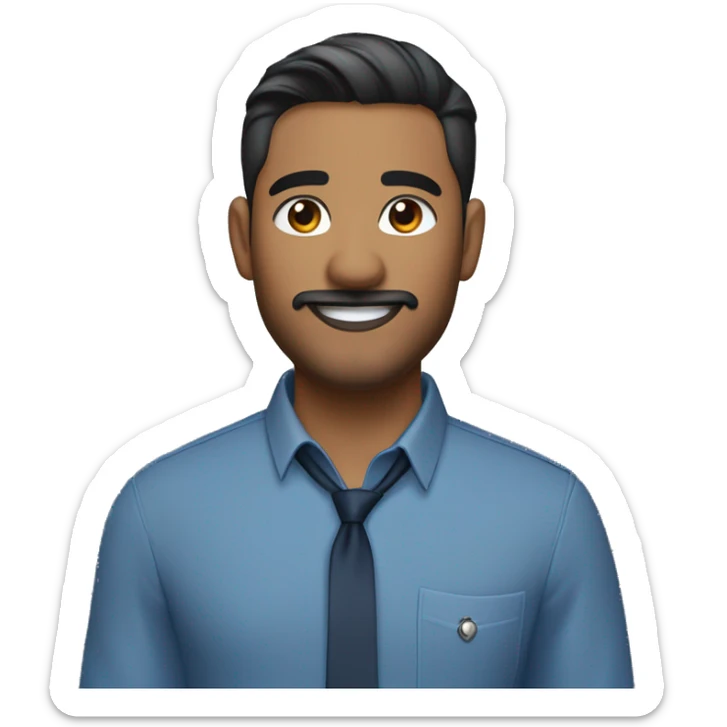 navajo  emoji of a man with short dark hair, clean-shaven, goatee and mustache.  wearing a formal button-up DARK blue shirt,  smiling  with a smartwatch on his wrist. and wearing small silver chain necklace  resemble professional attire. smaller eyes  sticker