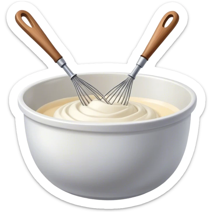 Cinematic Realistic Whisk & Mixing Bowl, a well-used metal whisk resting in a smooth ceramic mixing bowl, light reflecting off the whisk’s polished surface, subtle smears of batter along the rim, glowing with a sense of warmth and creativity. sticker