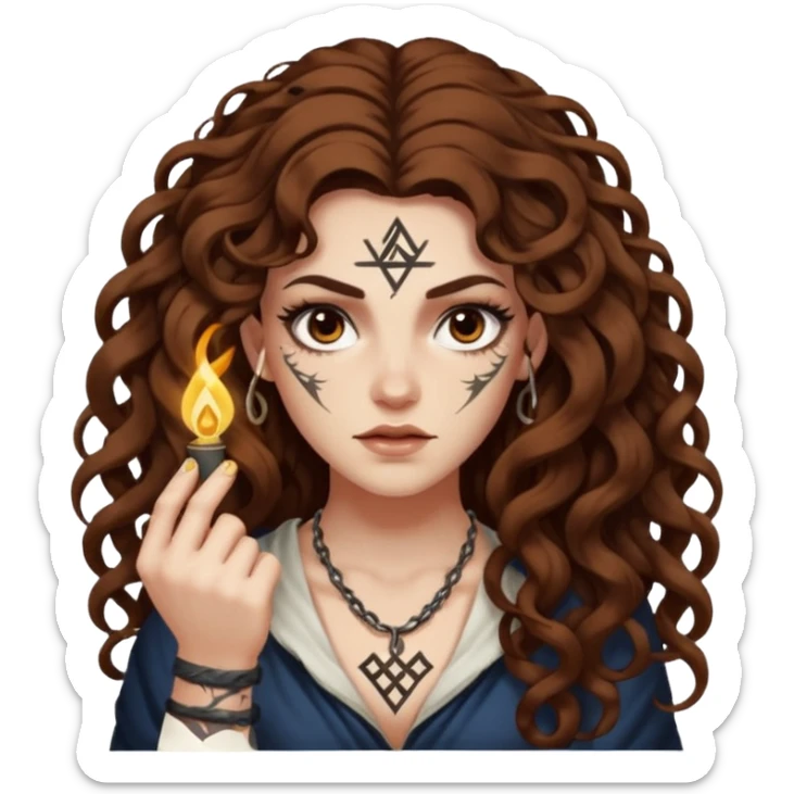 woman with long curly brown hair, brown eyes, white skin, tattoos, raising one eyebrow as a rune lights up “obvious” sticker