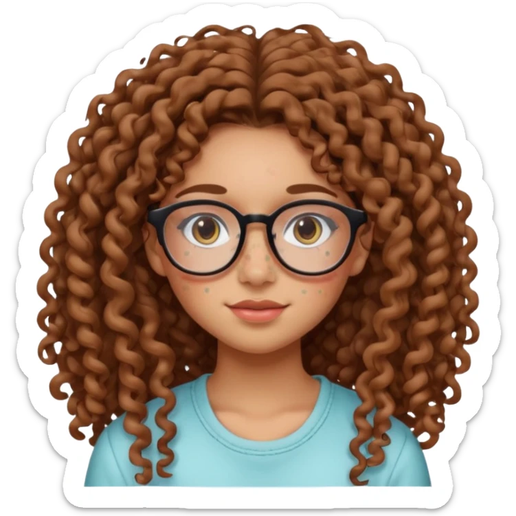 make a really curly hair, teen girl with glasses and little acne that looks like freckles longer like more than shoulder lengthcurly hair, and pretty withe makeup on giving clean girl vibes, and make her have tan skin more blush and really pretty, and the har is really really long

 sticker