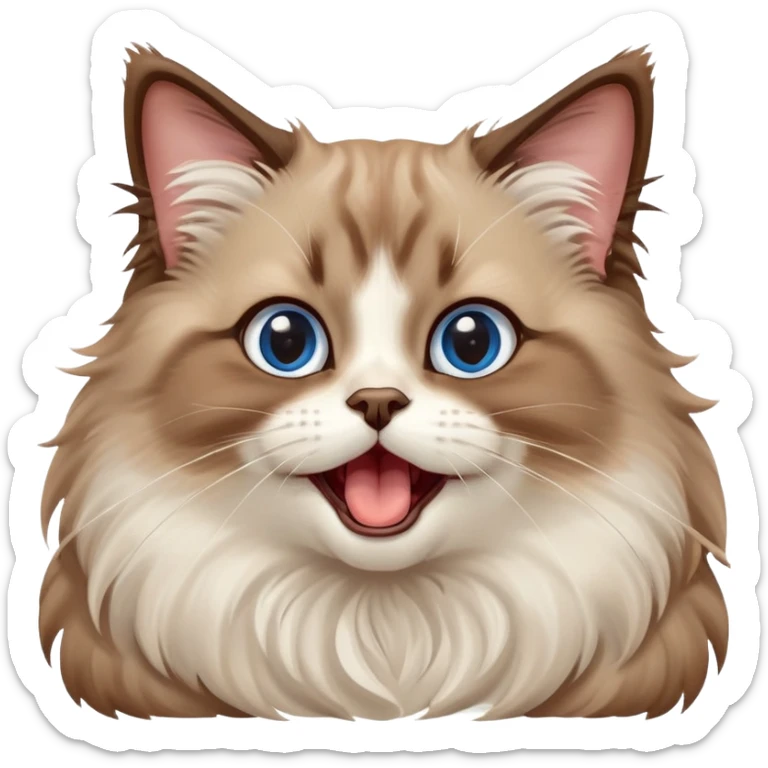 cinematic-adorable-big-eyed-fluffy-brown ragdoll-cat-portrait-emoji,-head-tilted-playfully-with-a-cute,-yawn,-soft-brown-and white-colored-fur-with-darker-points-on-the-ears,-simplified-yet-irresistibly-cute-features, sparkling blue eyes sticker