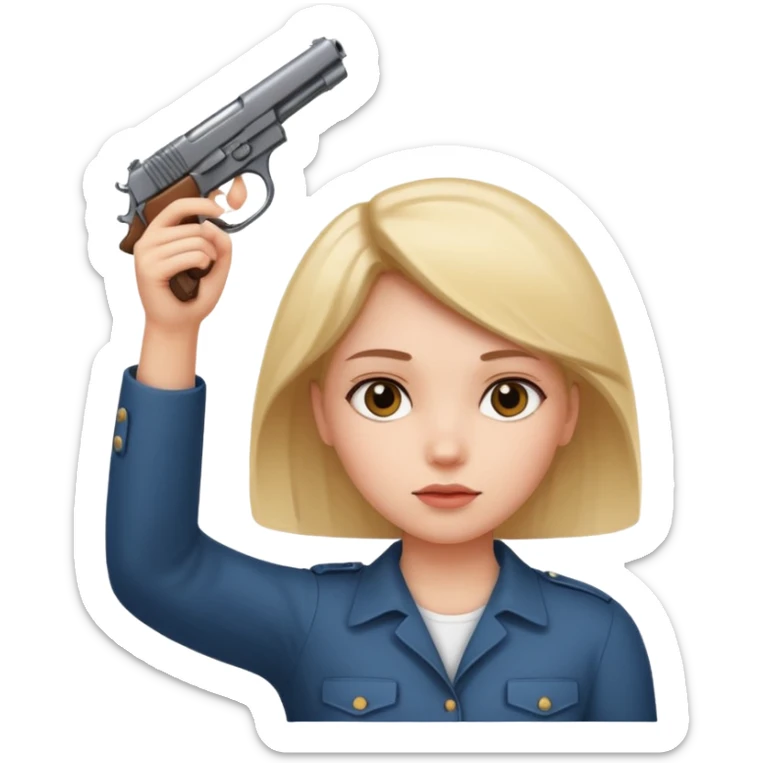 Girl holding hands up to head in shape of a gun sticker