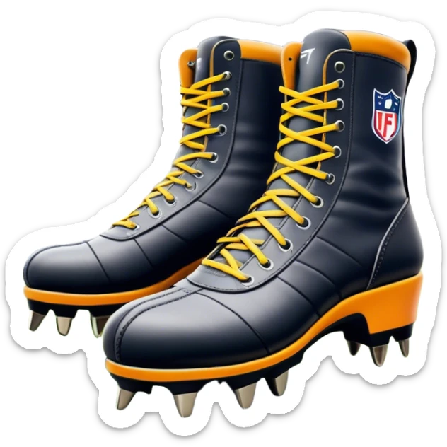 Cinematic Realistic image of a pair of AFL boots, showcasing detailed leather stitching and a rugged sole with fine cleat impressions, captured against a blurred stadium background with high-energy, dynamic lighting sticker