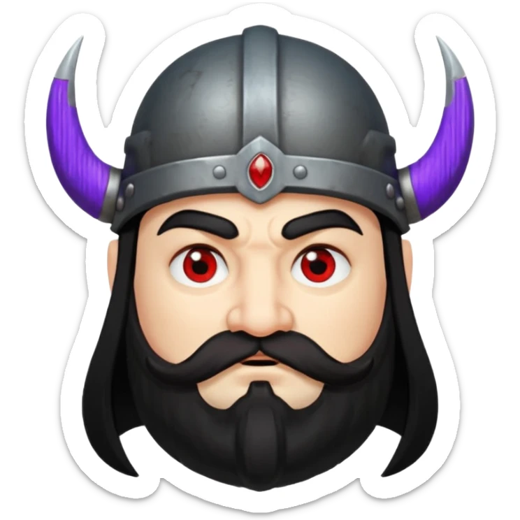 dwarf with viking helmet, red eyes, long black hair, and a black handlebar mustache sticker