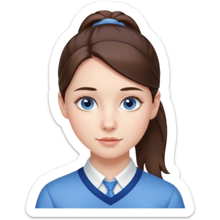 Realistic Student Portrait, with porcelain-like skin featuring a natural rosy flush, illuminated by soft lighting that highlights the gentle contours of her face. Her Brunette pony tail hair flows in soft, Her deep blue eyes radiate warmth and innocence,  wear light blue preppy style. sticker