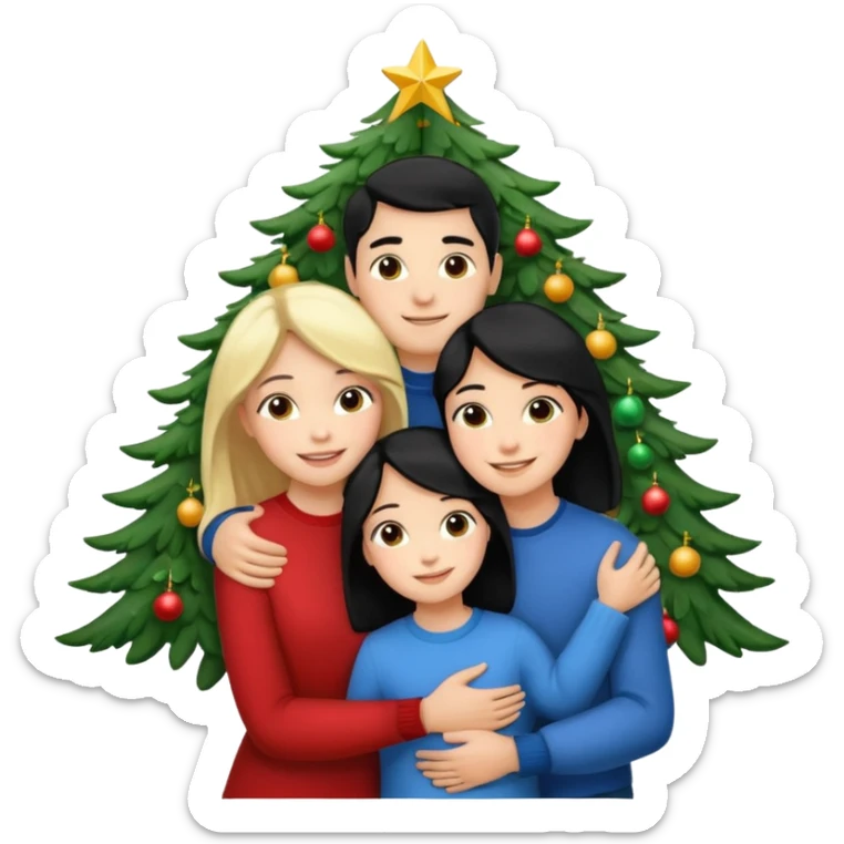 Generate Christmas-style emojis  family. Where light-skinned people stand near the tree all together, hugging and smiling. 2 girl should be Light-haired woman, 1 woman black-haired woman, and add 1 man  sticker