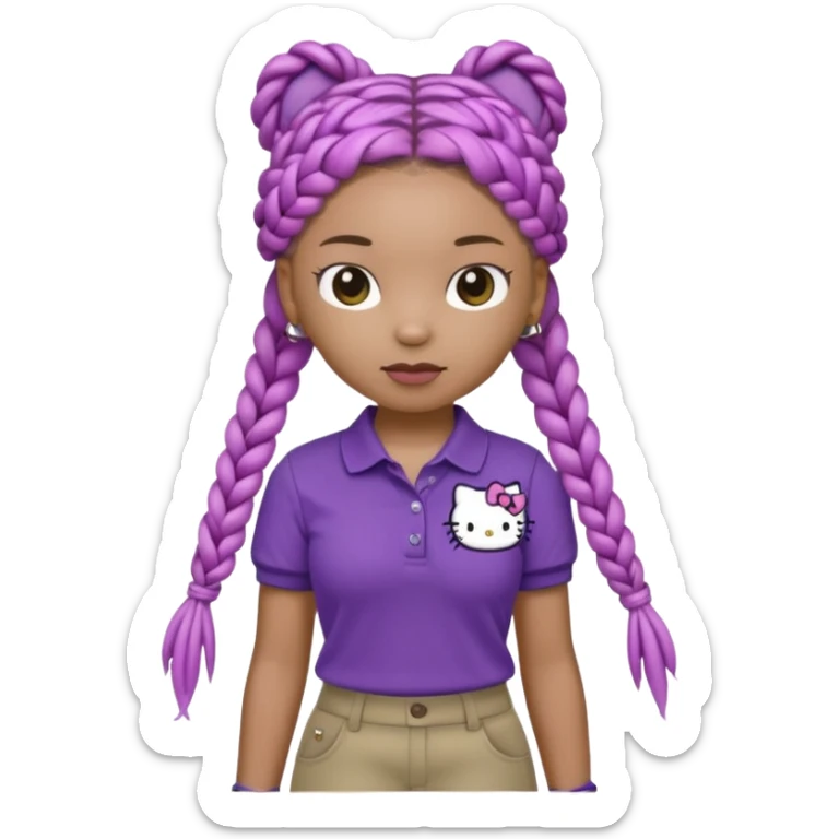 hello kitty wearing purple polo shirt and kyaki pants with long box braids sticker