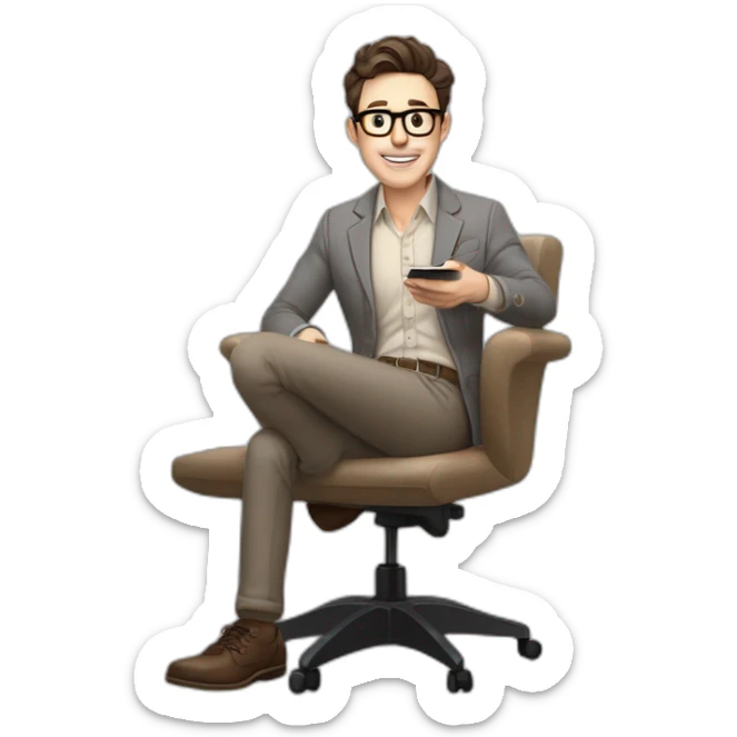 Pale skinned Fit Man With dark brown hair in gray jacket, beige office shirt, Brown pants and vintage glasses In the joke cap sitting In a soft chair with a notebook and a pen  sticker