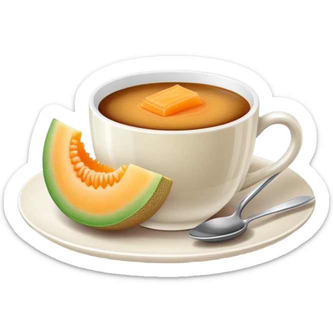 carajillo in a small espresso coffee cup with a slice of cantaloupe melon on the side sticker