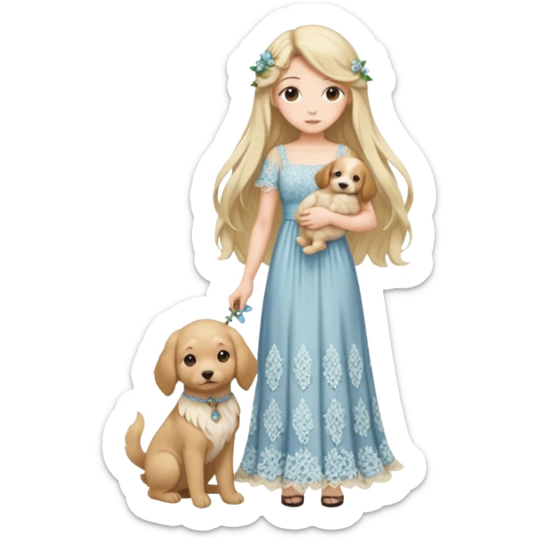 Pastel anime lady long hair with long lace dress full body holding puppy sticker