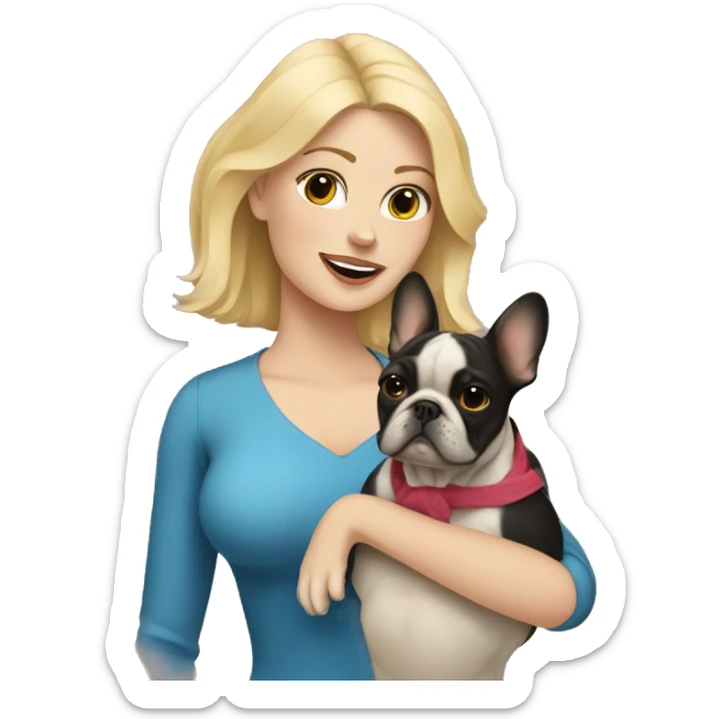 Blonde haired woman holding a French bulldog sticker