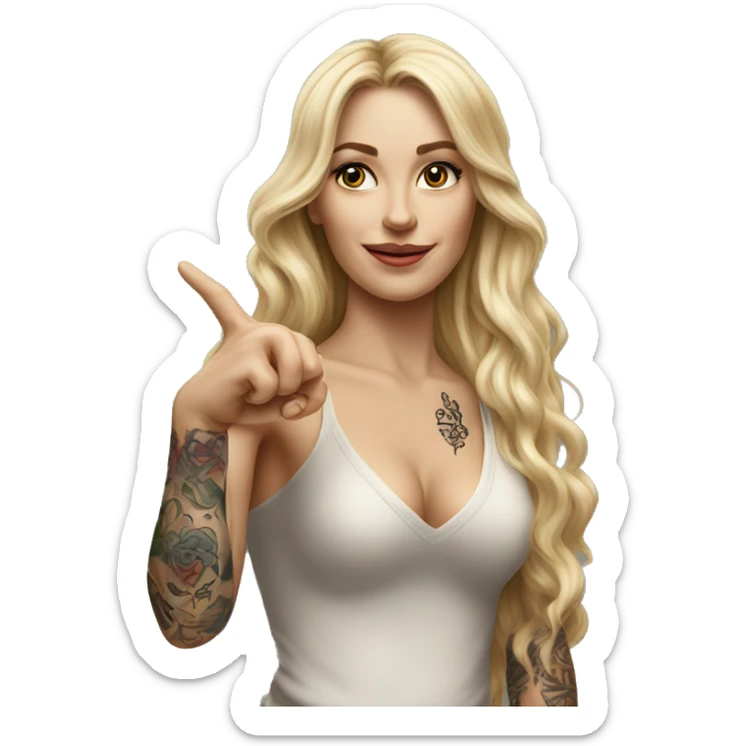 Blonde elegant women with LONG HAIR, her Body Covered with Tattoos, POINTING YOU FORWARD with her HAND with INDEX FINGER, Hyper realistic sticker