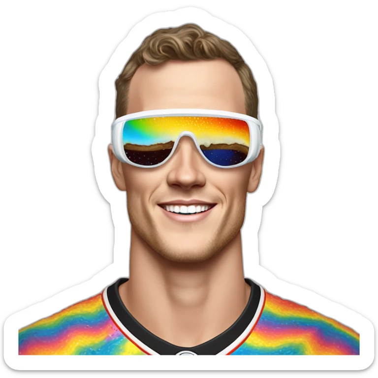 Fancy disco Jonathan Toews wearing rainbow lace shirt and wearing VR glasses and eating a moon pie sticker