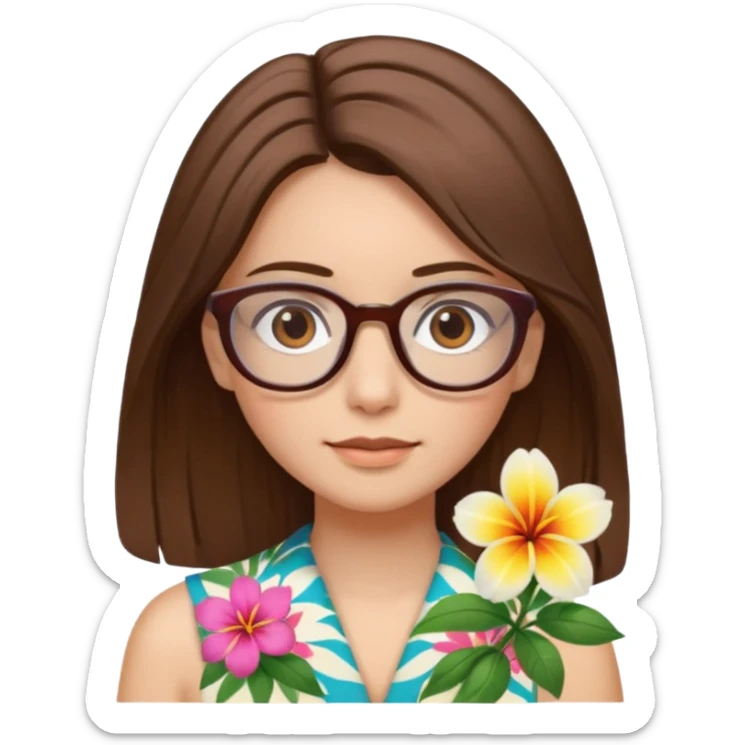 Hawaii female with fair skin. Shoulder length straight brown hair. Brown eyes with glasses. Hawaiian Flower in hair sticker