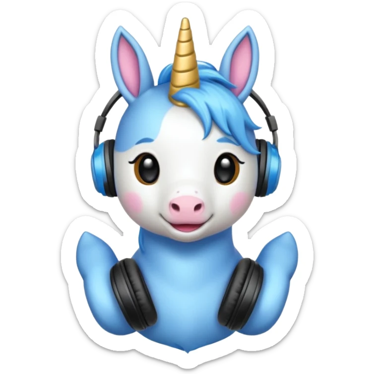 Unicornio bebé azul sentado escuchando música con auriculares negros sticker