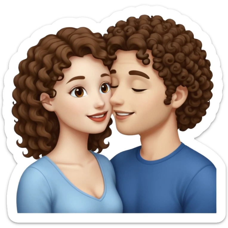 A couple kissing, the man would be white-skinned, curly, brown-hair. The serious woman with white skin, brown color sticker