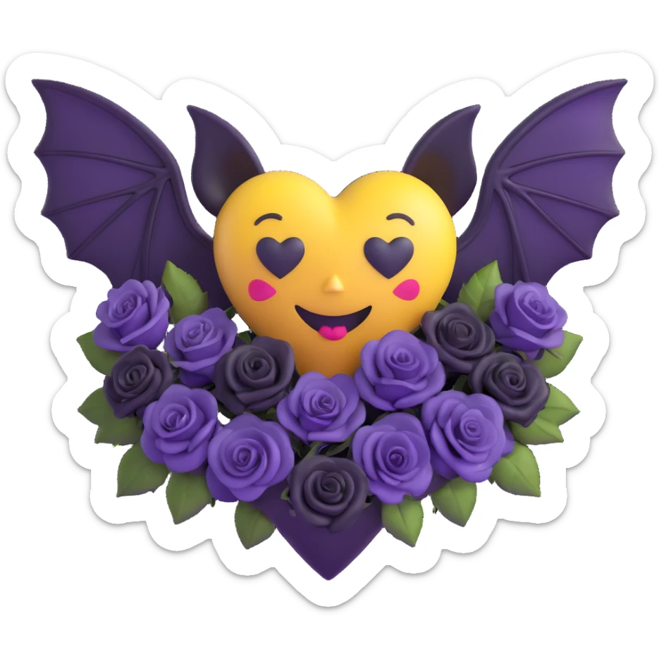 3D emoji gothic heart, dark purple velvet, silver bat wings, tiny black roses sticker