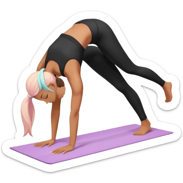 	A woman doing downward dog pose on a yoga mat, black outfit, serene background with soft pastel colors and stars. sticker