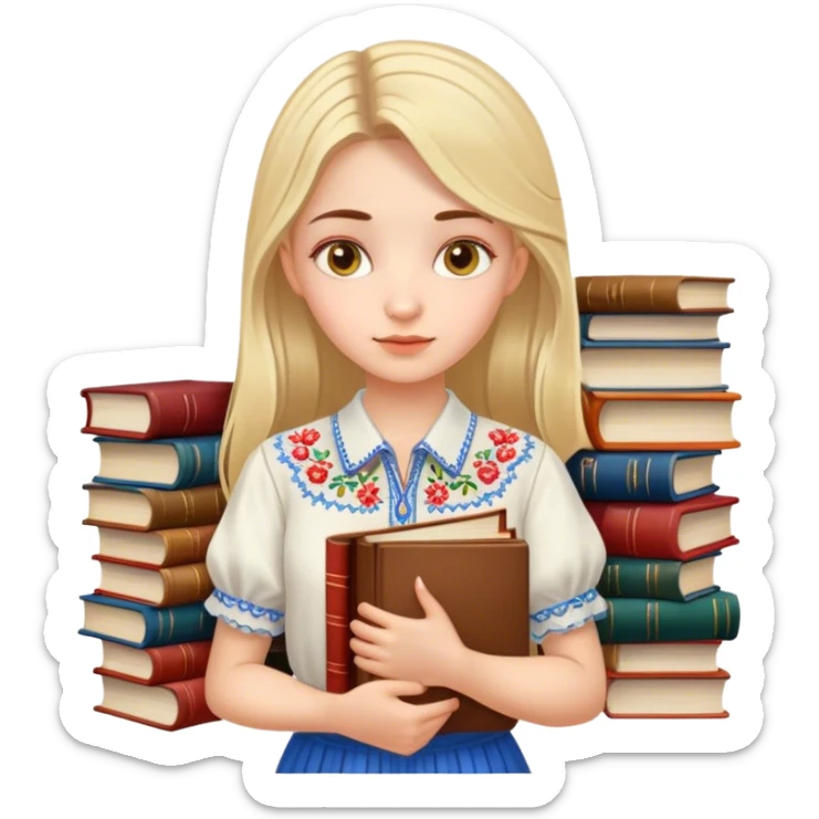 A Ukrainian girl in an embroidered shirt holds many books sticker
